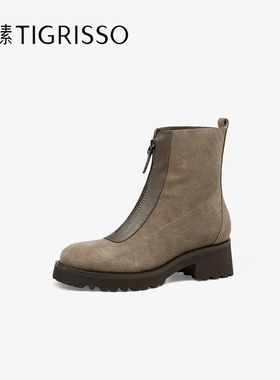 Tigrisso蝶愫2025冬蹀愫厚底增高牛皮圆头时装短靴TA65732-51/50