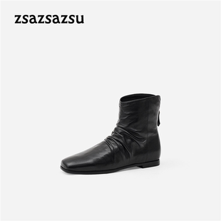zsazsazsu莎莎苏2026秋冬新方头平跟后拉链手抽皱女靴Z76701A-03