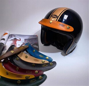 台湾复古摩托车头盔bell 黑豆三扣式防晒遮阳3/4半盔通用真皮帽檐