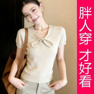 【专柜大码】设计感蝴蝶结V领针织衫短袖女装2026新款夏季上衣