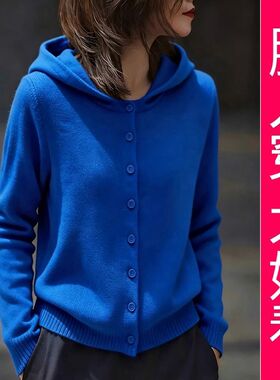 【专柜大码】蓝色宽松潮流连帽开衫2025秋冬新款时髦保暖毛针织衫