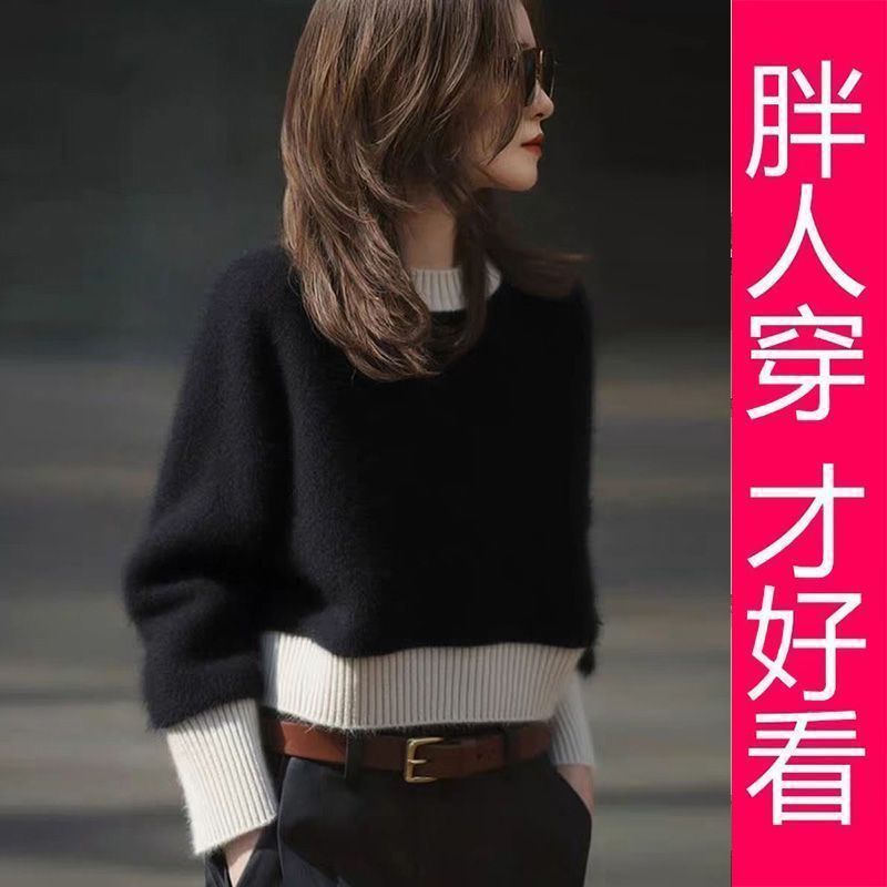 【专柜大码】秋冬季气质韩系宽松慵懒短款圆领黑色拼接撞色针织衫