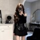 法式 御姐风黑色斜领露肩长袖 连衣裙女秋冬气质收腰显瘦百褶短裙子