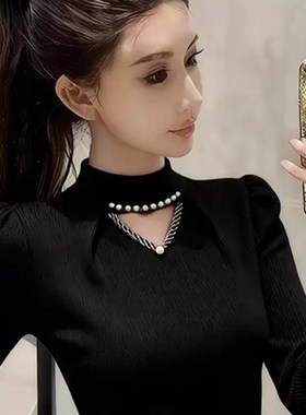 秋冬天巨好看半高领黑色针织衫女装别致钉珠镂空修身打底毛衣上衣