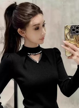 秋冬天高级感半高领黑色针织衫女装别致钉珠镂空修身打底毛衣上衣