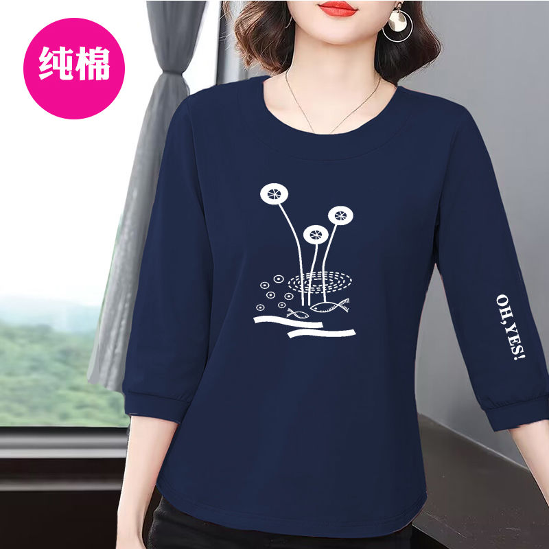 纯棉上衣中袖七分袖圆领夏季薄款宽松创意字母t恤女印花大码短袖
