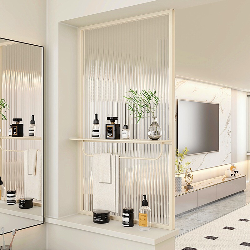 奶油风长虹玻璃隔断客厅玄关入户卫生间干湿区半墙毛巾置物架屏风