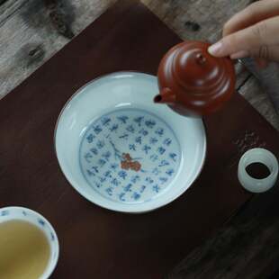 景德镇弥云斋集韵斗彩诗文博古茶承手绘壶承干泡台限量款