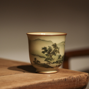 谢小金柴窑五彩手绘溪口垂钓图景德镇手工柴烧茶杯主人杯陶瓷茶具