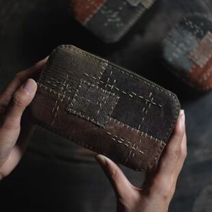 弥云斋己宽堂柿染刺子绣随行皮盒户外便携茶具包