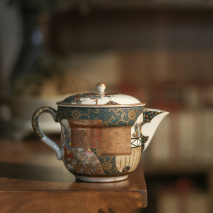 百年老货日本明治时期九谷手工堆白金绘茶壶双盖陶瓷茶具泡茶壶