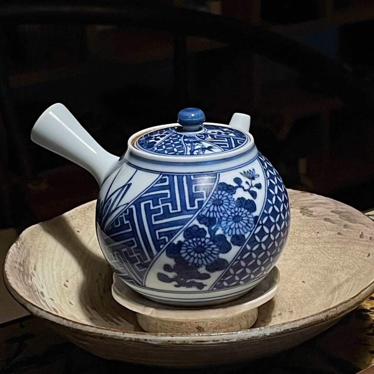 日本老货平安晴华手绘青花侧把壶急须壶釉下彩功夫茶具茶壶小号