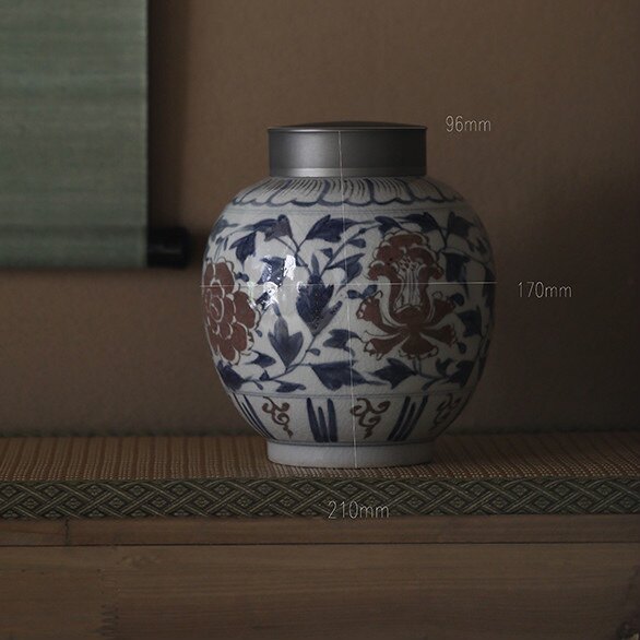 弥云斋牡丹青花釉里红锡口茶叶罐