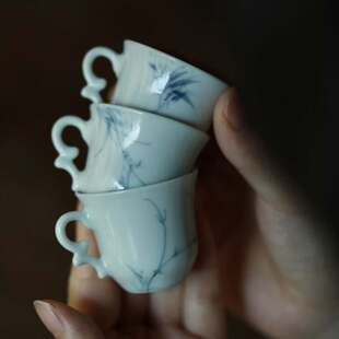 景德镇弥云斋逸竹青花竹纹提耳三客杯陶瓷手工手绘茶具限量款