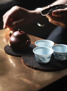 弥云斋幽谷中茶事组手工牛皮包茶壶茶具一壶三杯功夫茶具便携茶道