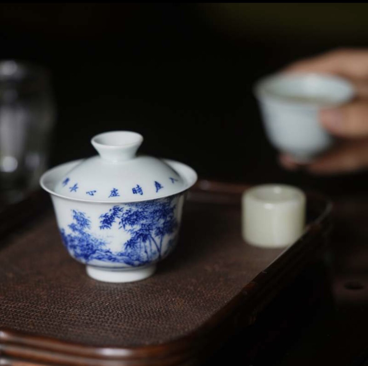 景德镇弥云斋引清风手工手绘青花竹林诗文盖碗功夫茶具泡茶器