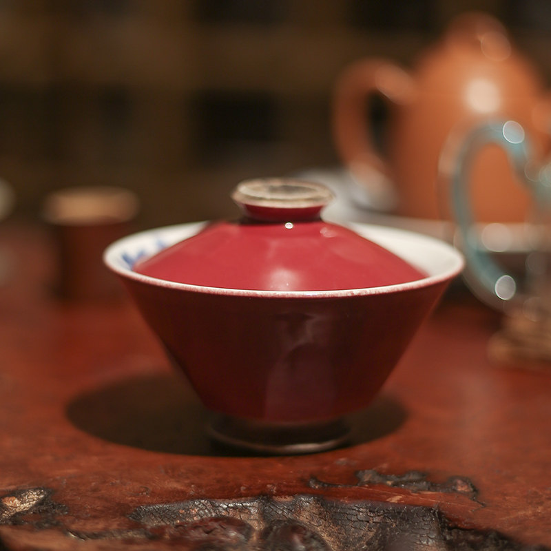日本老货清风底款内绘青花釉下彩豇豆红切面盖碗茶杯小号陶瓷茶碗
