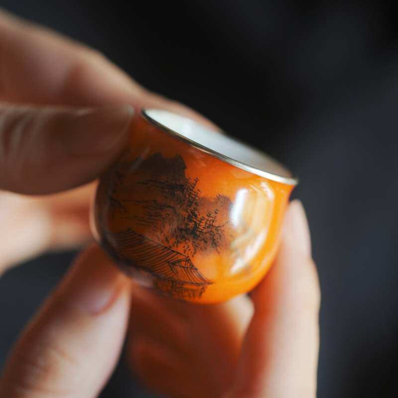 弥云斋朱砂引手绘墨彩山水蛋壳杯包银口珊瑚红茶杯酒杯20ml牛皮包