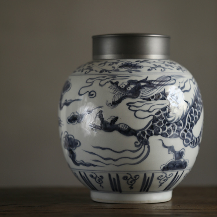 彌云齋元青花祥龍紋錫口醒茶倉