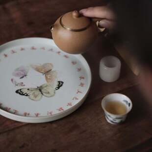 景德镇弥云斋蝶韵蝴蝶诗文粉彩圆盘手绘壶承干泡盘限量款