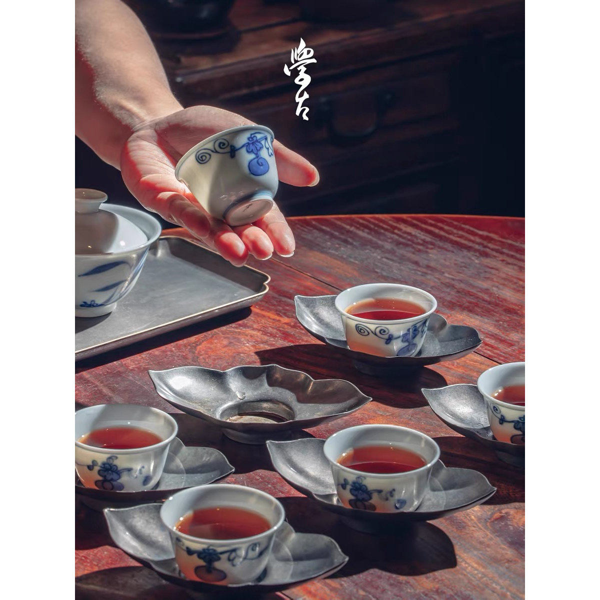 学古景德镇手绘青花仿明万历器型茶杯品茗杯6只礼盒装小号玲珑杯