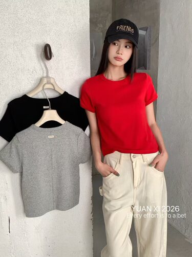 元熙家YX26韩系简约圆领正肩短袖T恤女2026春夏新款修身显瘦上衣