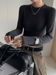 熙3004经典 秋冬新款 圆领套头短款 T恤女 纯色百搭上衣高弹软 长袖 元