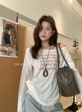 柠檬绿茶10379轻薄透气字母印花一字领斜肩防晒长袖T恤女宽松上衣