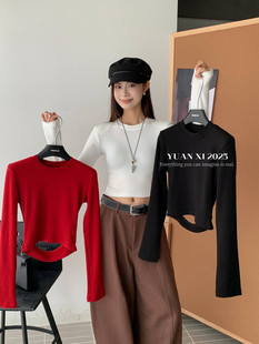 秋冬短百搭打底上衣 T恤女 元 熙3101圆领垫肩加绒磨毛性感露腰长袖