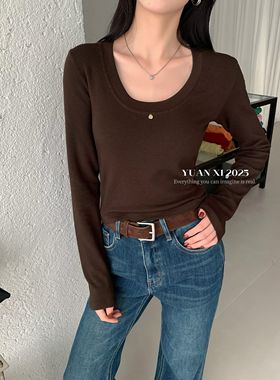 元熙8309秋冬新款U领加绒长袖T恤女修身显瘦百搭打底衫上衣纯色潮