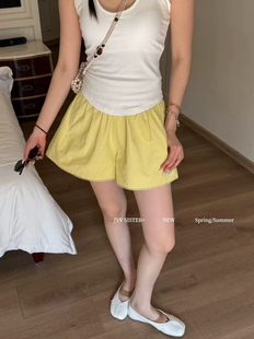 JVV90261韩版纯色松紧腰短裤女夏季新款百搭显瘦休闲喇叭阔腿裤子