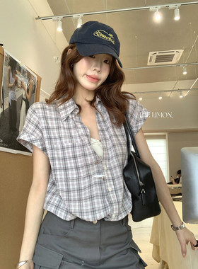 THE LIMON柠檬绿茶10563复古格子百搭短袖衬衫女夏季宽松显瘦上衣