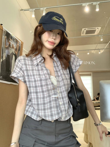 THE LIMON柠檬绿茶10563复古格子百搭短袖衬衫女夏季宽松显瘦上衣