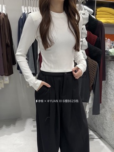 元熙6232高腰圆领长袖T恤女秋冬垫肩修身显瘦加绒磨毛打底衫上衣