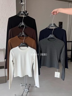 修身 元 加绒加厚T恤女秋冬短款 1圆领长袖 显瘦磨毛打底上衣 熙3098