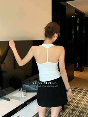 元熙7151韩版设计感挂脖美背V领胸垫背心吊带女夏季修身显瘦上衣