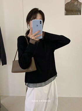 SUSAN26792网纱拼接圆领长袖T恤女 秋冬小心机设计感打底衫上衣白