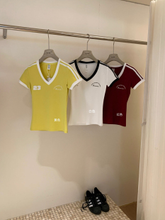 WGWE美式V领正肩球衣运动风辣妹修身设计感上衣短袖T恤女夏季5113
