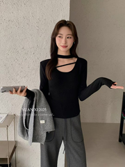元熙家3123镂空设计感纯欲辣妹加绒长袖T恤女 秋冬修身打底衫上衣