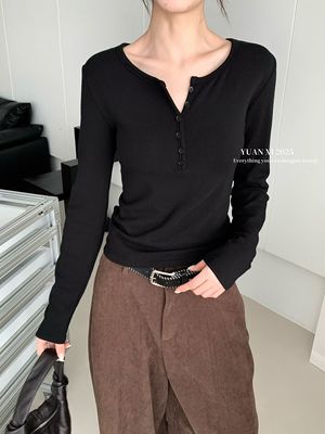 元熙家6319韩系加绒V领长袖T恤女秋冬修身显瘦内搭打底衫纽扣上衣