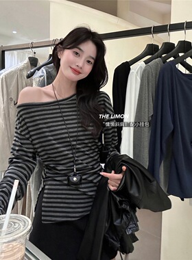 柠檬绿茶9207好看斜肩长袖T恤女2025秋冬慵懒风小性感打底衫上衣