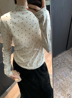 hers92547秋冬波点半高领长袖T恤女弹力修身显瘦内搭打底衫上衣潮