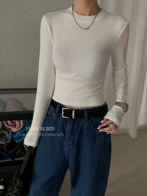 元熙3100秋冬加绒磨毛圆领长袖T恤女 修身显瘦内搭打底衫短款上衣