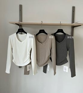 打底衫 1秋冬V领长袖 女加绒垫肩紧身褶皱显瘦磨毛T恤上衣 熙6240 元