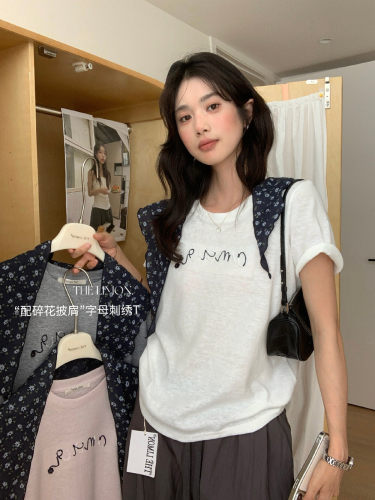 柠檬绿茶10629韩版设计感刺绣披肩短袖T恤女2026夏季宽松显瘦上衣