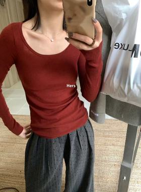 Hers10063大圆领长袖T恤女秋冬内搭打底衫针织圣诞弹力复古上衣潮