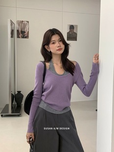 SUSAN韩系假两件挂脖针织衫女秋春设计感修身显瘦内搭上衣潮26933