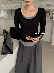 弹力显瘦百搭上衣 T恤女秋新款 元 熙6068韩简约假两件圆领套头长袖