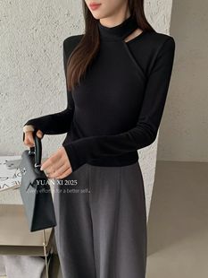 加绒内搭打底衫 元 秋冬修身 T恤女 上衣 熙8336小心机露肩半高领长袖