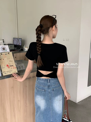 元熙3126U领露腰短袖T恤女夏季辣妹修身镂空设计感短款显瘦上衣潮